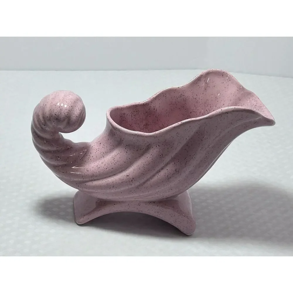 Vintage‎ Cornucopia Horn Art Plenty Pottery Vase Planter Pink Speckled Glaze